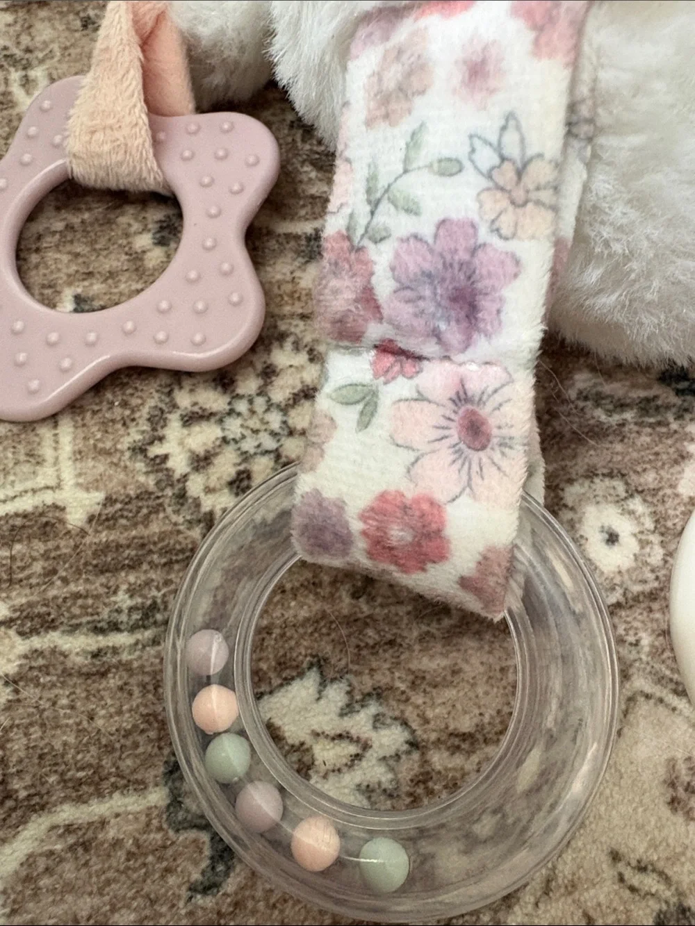 Plush White Bunny Rattle Toy with Pink Floral Ears - Picture 2 of 2